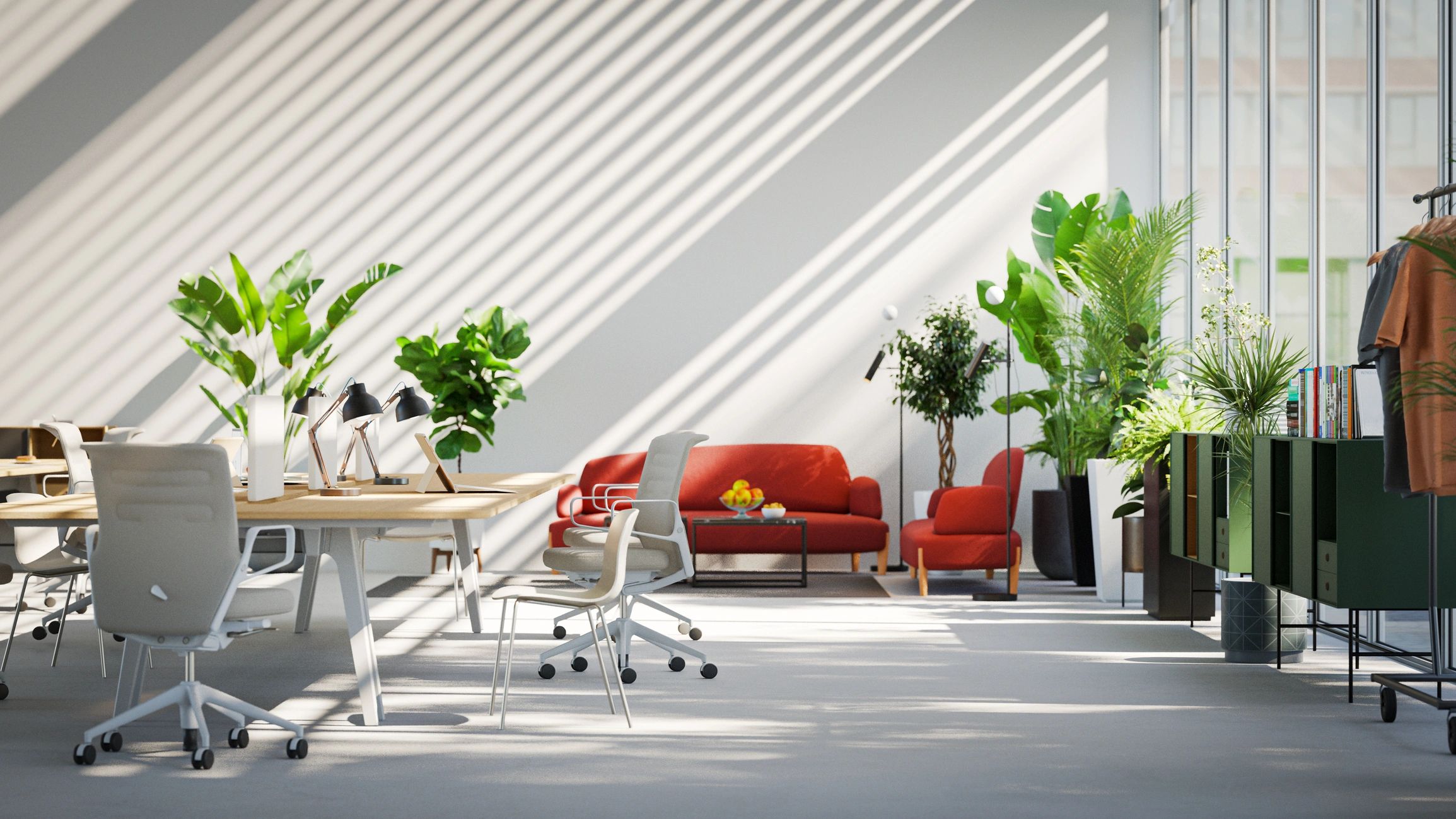 Sunlit creative workspace with warm neutral tones