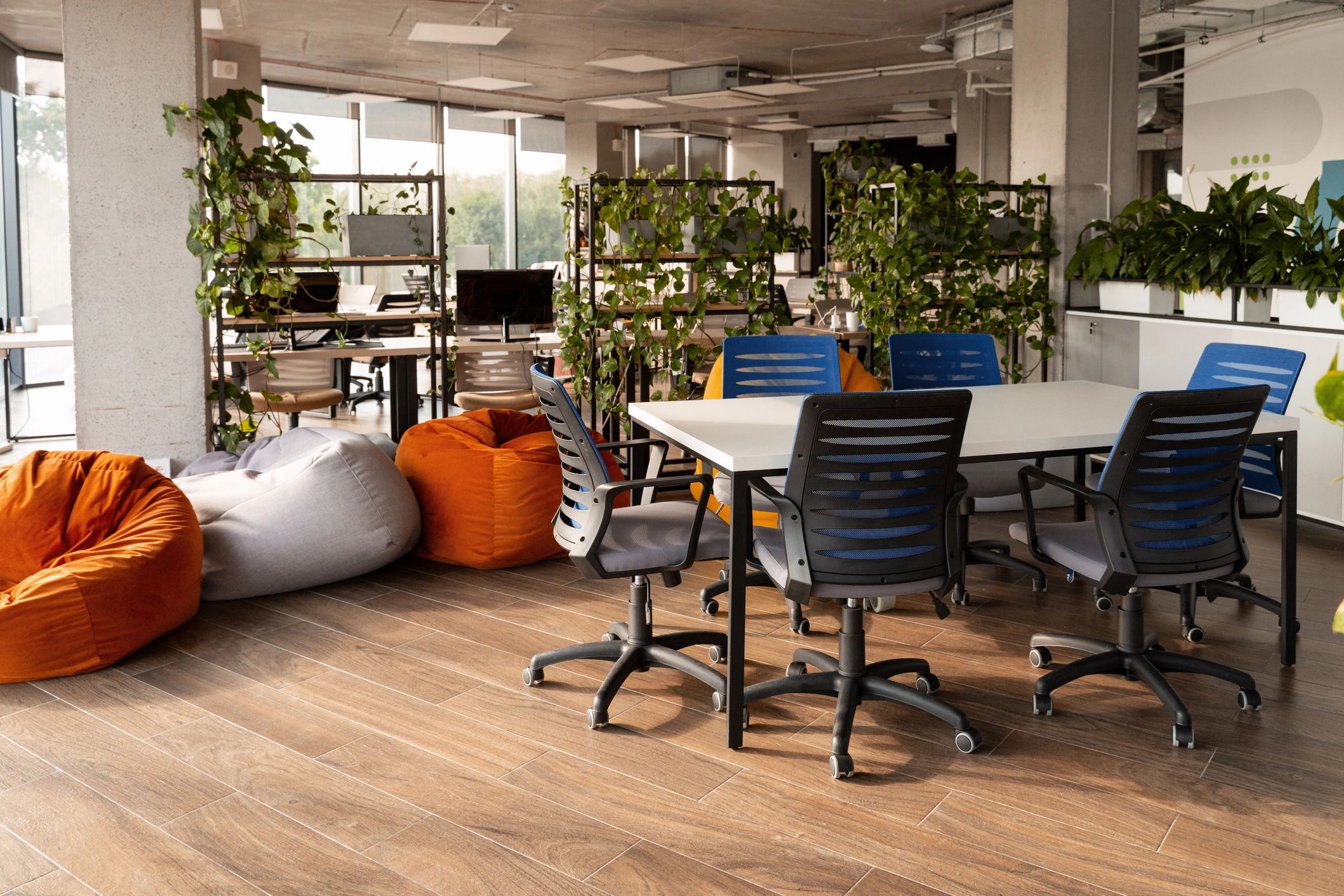 Sunlit coworking workspace with plants and seating